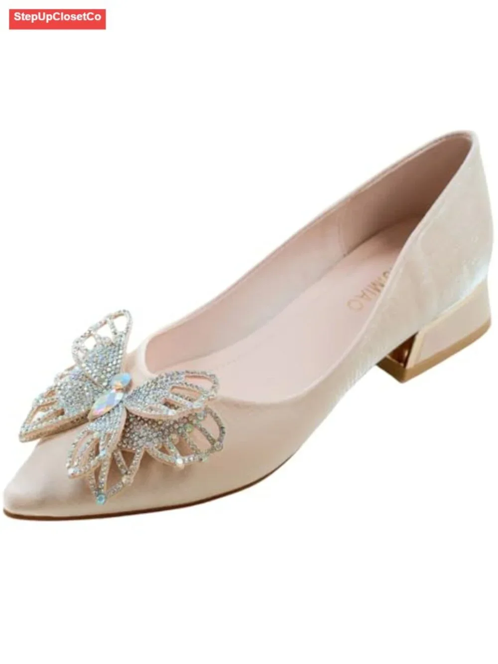 Pointed Toe Chunky Heels Pumps Rhinestones Work Wedding Dress Shoes
